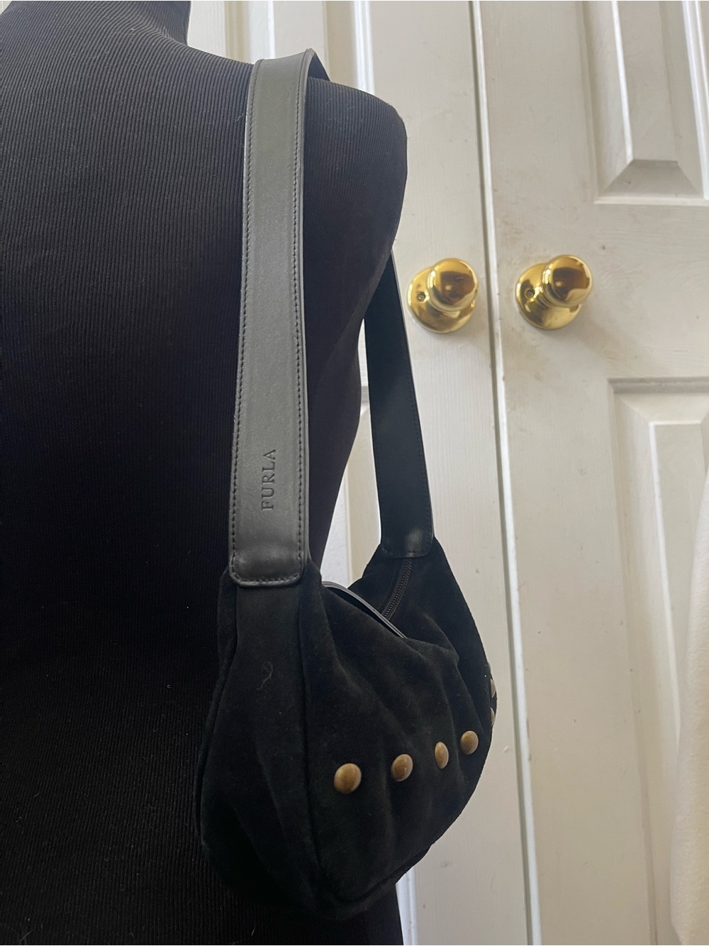 Furla Rare Black mini Suede Shoulder Bag with Brass Studs - Picture 2 of 16
